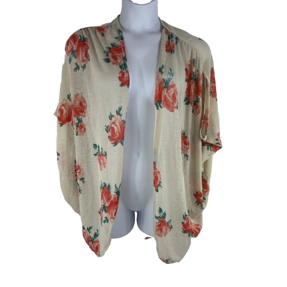 Painted Threads Medium Floral Green Orange Open Knit Cardigan‎ Preppy Cottage - Picture 1 of 10